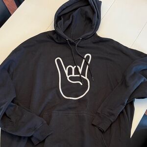 Black Graphic Hand-Sign Hoodie with kangaroo pocket